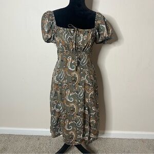Dizzy Lizzy Women’s Olive Green Paisley Puff Sleeve Smocked Mini Dress Sz M‎